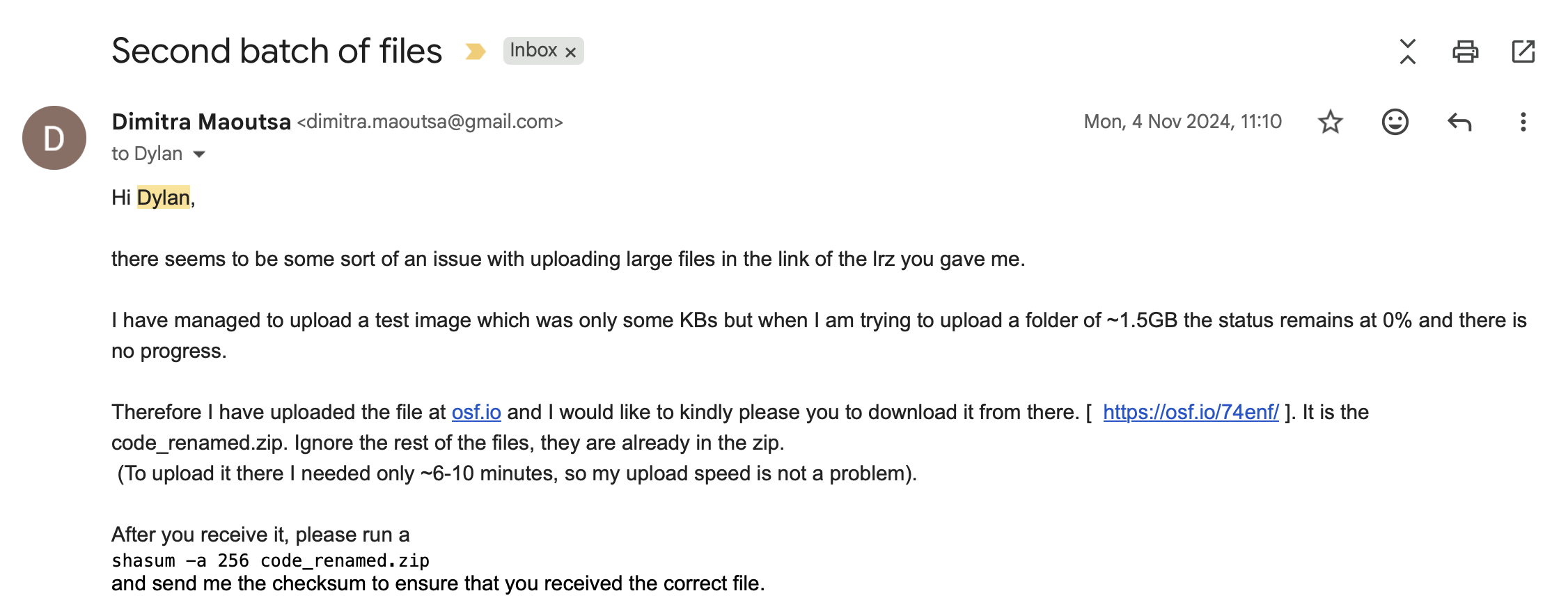 Screenshot from an email to Dylan Festa where I give him the link to download the zip file with my code and ask to confirm the hash code - Email date 04 November 2024
