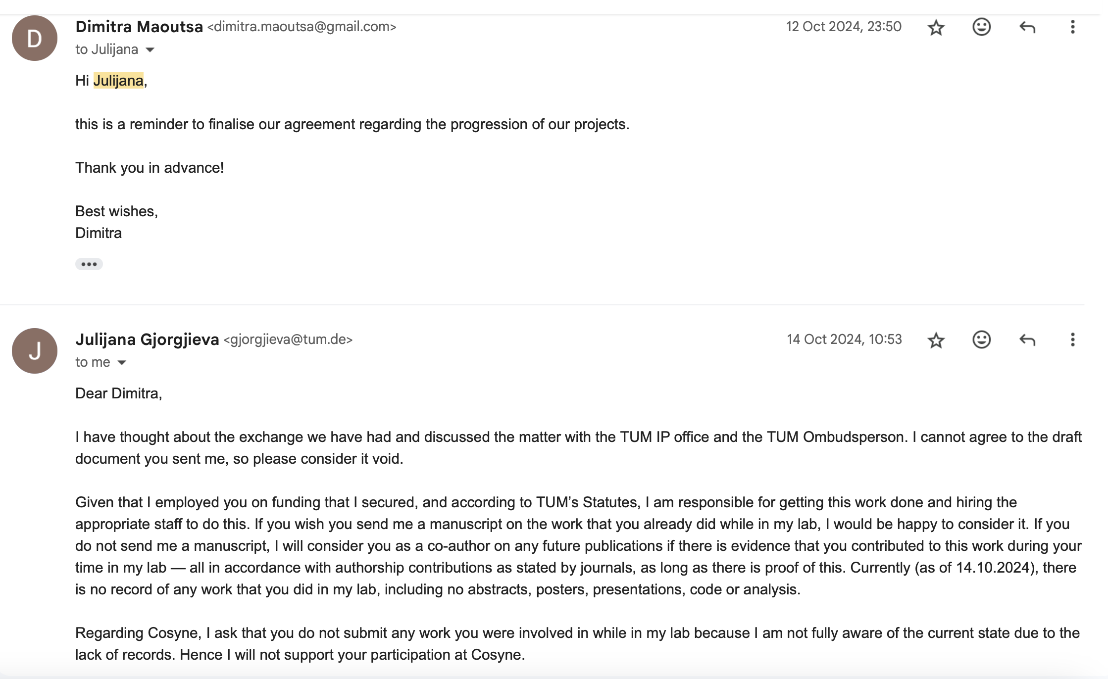 Screenshot from an email from Julijana Gjorgjieva that states that we can independently work on three factor plasticity rules - Email date 31 October 2024